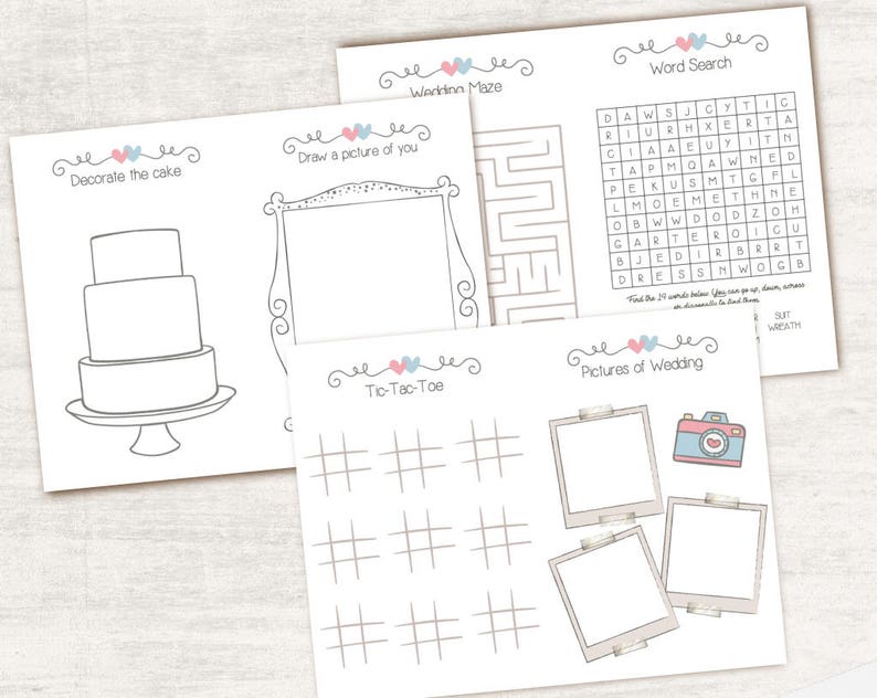 May include: A printable wedding activity booklet with a black and white design. The booklet includes activities such as decorating a cake, drawing a picture, playing tic-tac-toe, solving a word search, and drawing pictures of a wedding.