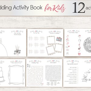 May include: A printable activity book for kids with 12 wedding-themed activities, including drawing, coloring, word search, connect the dots, and tic-tac-toe.
