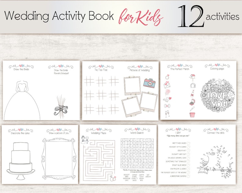 May include: A printable activity book for kids with 12 wedding-themed activities, including drawing, coloring, word search, connect the dots, and tic-tac-toe.