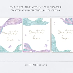 May include: Three printable signs featuring watercolor mermaid tails with a light blue, purple, and pink color scheme. The signs have a white background with gold text that says "Your text here".