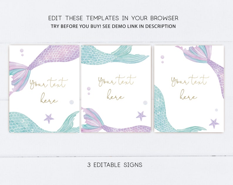 May include: Three printable signs featuring watercolor mermaid tails with a light blue, purple, and pink color scheme. The signs have a white background with gold text that says "Your text here".