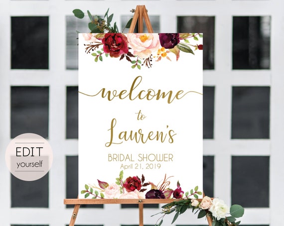 Welcome Sign Bridal Shower, Editable PDF ANY EVENT Bridal Baby Wedding Baptism Birthday Shower Sign, Marsala Burgundy Blush Floral Gold