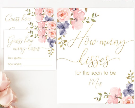How many kisses for the soon to be Mrs, Blush Roses, How many kisses cards and sign, Bridal Shower How many kisses card, instant download