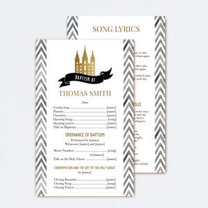 May include: A printable baptism program template with a gold temple silhouette and black text. The program includes a list of the order of service, including the names of the officiant, pianist, chorister, and witnesses. The program also includes space for the date, music number, and closing remarks.