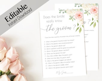 May include: A printable bridal shower game with a floral design. The game asks guests to guess how many questions the bride-to-be will answer correctly about the groom. The questions include: favorite ice cream, most prized possession, dream car, dream vacation, first job, number of children desired, shoe size, biggest pet peeve, idea of a perfect date, middle name, and favorite sports team.
