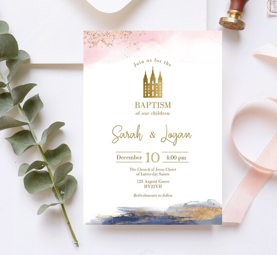 Baptism Invitation Girl and Boy, Navy Gold and Blush Pink Invitation, Twin Baptism Invitation, Baptism Template, Corjl