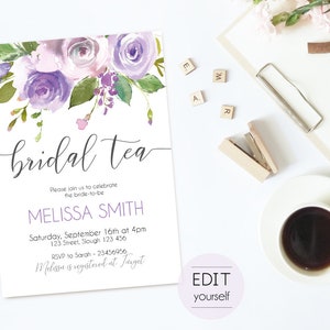 May include: Purple and white floral bridal shower invitation with the text "bridal tea" and the bride-to-be's name, Melissa Smith. The invitation includes the date, time, and location of the event, as well as the RSVP information.