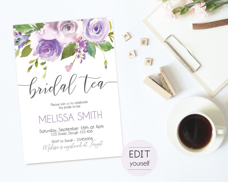 May include: Purple and white floral bridal shower invitation with the text "bridal tea" and the bride-to-be's name, Melissa Smith. The invitation includes the date, time, and location of the event, as well as the RSVP information.