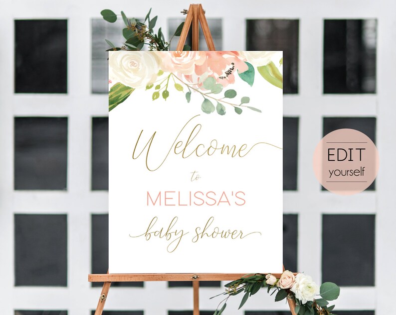 Puede incluir: Un cartel de bienvenida blanco con dise&ntilde;os florales de acuarela en tonos rosa y verde. El cartel dice "Bienvenido al Baby Shower de Melissa".