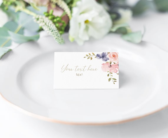 EDITABLE Place Cards, Bridal Shower Tent Cards, Dusty blue rose Floral Gold, Editable Place Card Bridal Shower, Wedding place card