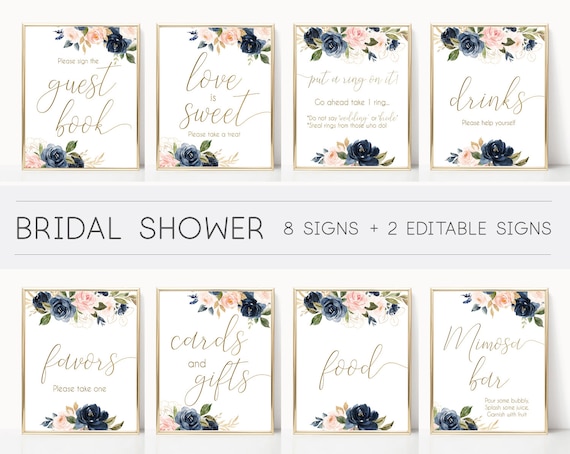 Bridal Shower Sign, Bridal Shower Sign Package Bundle, Printable Bridal Tea Sign, Navy Gold Rose Floral Bridal Shower Sign, BG01