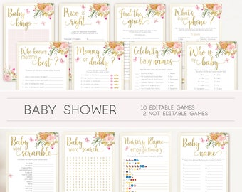 Baby Shower Games, floral butterfly, Editable Baby Shower Games Package Set Bundle, Editable games, Baby Shower Games Girl, Floral Game Set