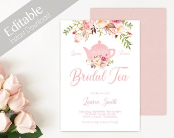 Bridal Tea Invitation Editable PDF, Bridal Shower Printable, Romantic Blush Pink Floral Bloom, DIY Bridal Tea Invitation Pink Tea pot