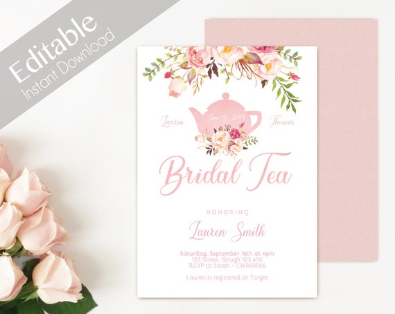 Bridal Tea Invitation Editable PDF, Bridal Shower Printable, Romantic Blush Pink Floral Bloom, DIY Bridal Tea Invitation Pink Tea pot