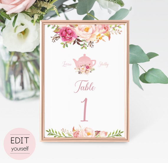 Table Numbers Printable, Wedding Table Numbers, Table Number Template, Editable Table Numbers, Romantic Blooms Rose Floral Gold Sign tea pot