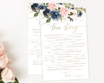 Bridal Shower Mad Libs Game INSTANT DOWNLOAD Wedding Reception Games, Funny Bridal Shower Game, Blue Navy Blush Rose and Gold, BG01