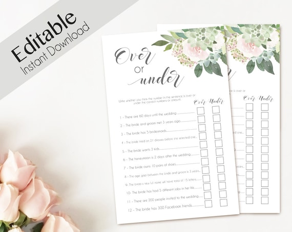 Bridal Shower Game Over or Under Editable PDF Bridal Shower Succulent Dusty Rose Watercolor Flowers Greenery, Editable Over or Under Game