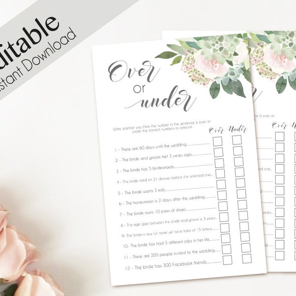 Bridal Shower Game Over or Under Editable PDF Bridal Shower Succulent Dusty Rose Watercolor Flowers Greenery, Editable Over or Under Game