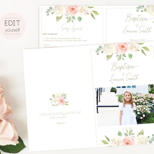 Baptism Program, Editable PDF, Printable Digital Handout Girl Baptism, white blush pink flowers, Girl Baptism, Baptism Program Template