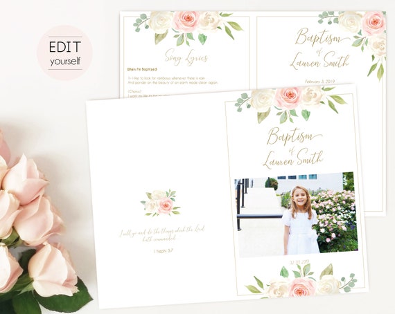 Baptism Program, Editable PDF, Printable Digital Handout Girl Baptism, white blush pink flowers, Girl Baptism, Baptism Program Template