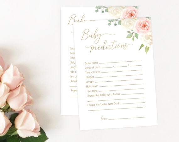 Editable Baby Predictions Card, predictions for baby printable, baby prediction game, baby shower, Romantic White Blush Pink Floral Gold