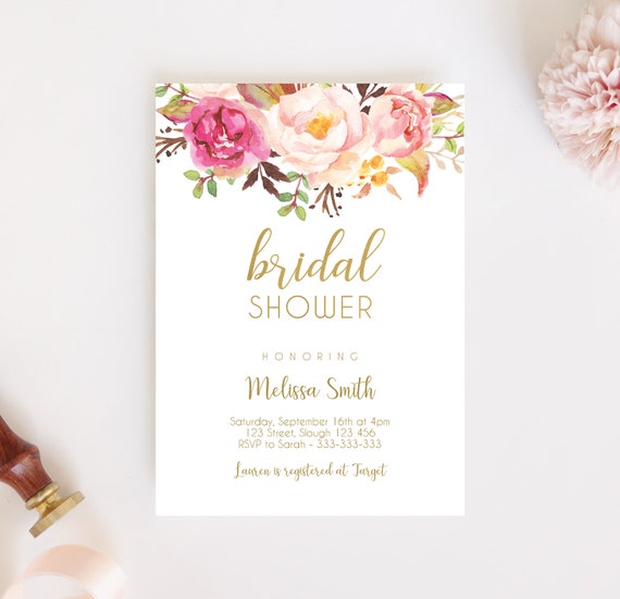 Bridal Shower Invitation Editable PDF, Bridal Shower Printable, Romantic Blush Pink Floral Bloom, DIY Bridal Invitation Pink Gold