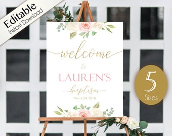 Welcome Sign Baptism, Template Baptism, Editable PDF, Welcome Baptism Sign Romantic White Blush Pink Floral Gold, Editable Sign