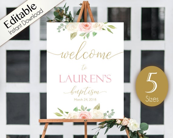 Welcome Sign Baptism, Template Baptism, Editable PDF, Welcome Baptism Sign Romantic White Blush Pink Floral Gold, Editable Sign