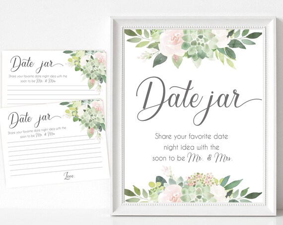 Date Jar sign, Date Night Advice Card, Date Night Advice Sign, Wedding Shower, Bridal Shower Game, greenery succulent blush pink