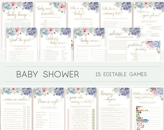 Baby Shower Games, Baby Shower Games Bundle, Succulents Lilac Pink Blue Gold, Editable games, Baby Shower, Succulents and Gold