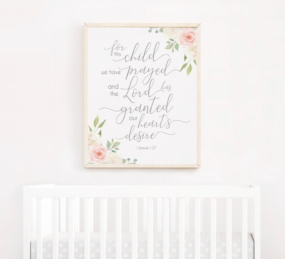 Nursery Decor For This Child, We Have Prayed Bible Verse Decor, Baby Shower Gift, Christian Art, 1 Samuel 1:27, Romantic Blush Pink White