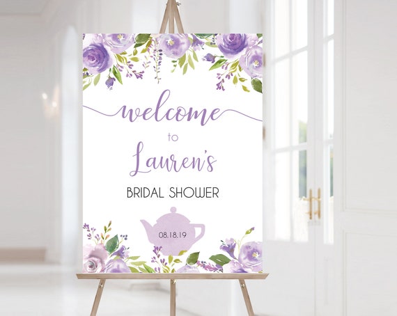 Welcome Sign Bridal Shower Template, Editable Welcome Sign, Lavender Tea Pot, Bridal Tea Party Welcome Sign, Lilac Purple Floral, Corjl