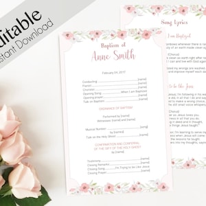 Baptism Program LDS Printable Digital, Editable PDF, Songs Handout Girl Baptism Pink Flowers, Baptism Template, Girl Baptism