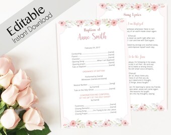 May include: Printable baptism program template with pink floral border. The program includes sections for conducting, pianist, chorister, opening song, opening prayer, talk on baptism, ordinance of baptism, musical number, talk on the Holy Ghost, confirmation and conferral of the gift of the Holy Ghost, testimony, closing remarks, closing song, and closing prayer. The program also includes a section for song lyrics with the title "I am Baptized" and "To be like Jesus".