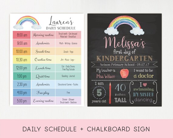 Editable Back to School Sign, Editable Home School Daily Planner, First day of school chalkboard sign, Rainbow Routine Schedule Chart, Corjl