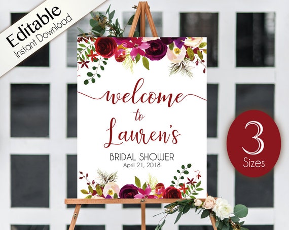 Welcome Sign Bridal Shower Template, Editable PDF ANY EVENT Bridal Baby Wedding Baptism Birthday Shower Sign Burgundy Boho Marsala Floral