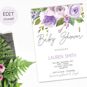 Baby Shower Invitation, Editable PDF InviTation, Baby Shower Invitation Lilac and purple