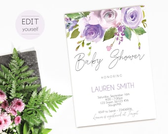 May include: A purple and green floral baby shower invitation with the text "Baby Shower" and "Honoring Lauren Smith". The invitation includes the date, time, address, and RSVP information.
