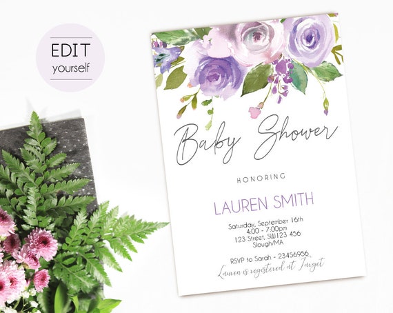 Baby Shower Invitation, Editable PDF InviTation, Baby Shower Invitation Lilac and purple