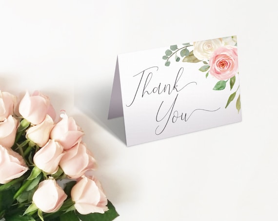 Thank you Card Bridal Shower, Bridal Shower Printable, Romantic Blush Pink White Floral, Thank You Card Bride Tea, Thank you Card folded