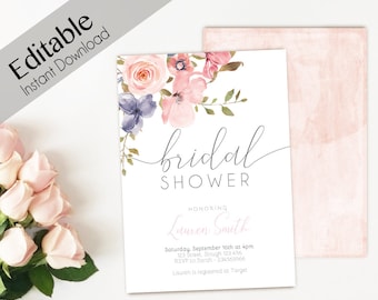 Pode incluir: Um convite para um chá de panela imprimível com um design floral em aquarela em tons de rosa, azul e verde. O texto diz "bridal shower" e "honoring Lauren Smith". O convite inclui a data, a hora, o local, as informações de RSVP e os detalhes do registro.