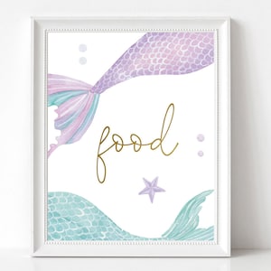 May include: A printable sign with a purple and blue mermaid tail design. The sign says "food" in gold lettering and has a small gold starfish.