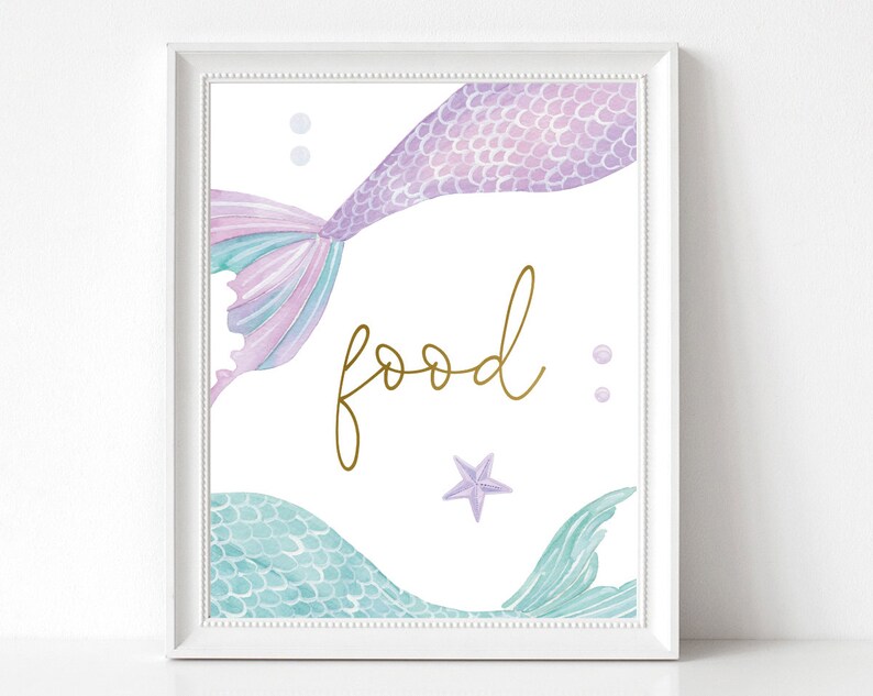 May include: A printable sign with a purple and blue mermaid tail design. The sign says "food" in gold lettering and has a small gold starfish.