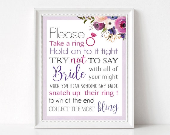 Bridal Shower Game, Don't Say Bride Take a Ring Bridal Shower Game, Printable, Instant Digital Download, Purple Lavender Flower Watercolor