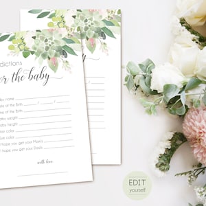 Bearbeitbare Baby-Vorhersage-Karte, Vorhersagen für Baby zum Ausdrucken, Baby-Vorhersagespiel, Babyparty, Greenery Succulent Dusty Rose