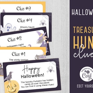 Pistas de caça ao tesouro de Halloween, cartas editáveis de caça ao tesouro de Halloween, arquivos de jogos de Halloween, caça ao tesouro infantil imprimível, Corjl