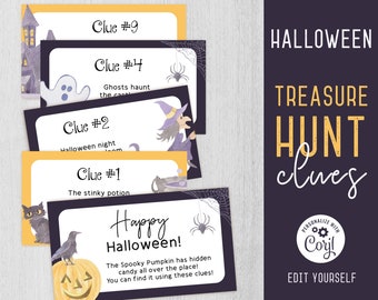 Halloween-Schatzsuche-Hinweise, bearbeitbare Halloween-Schnitzeljagd-Hinweiskarten, Halloween-Spieldateien, druckbare Kinderschatzsuche, Corjl