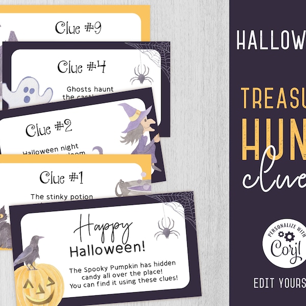Halloween Treasure Hunt Clues, bewerkbare Halloween Scavenger Hunt Clue Cards, Halloween Game Files, afdrukbare Kids Treasure Hunt, Corjl