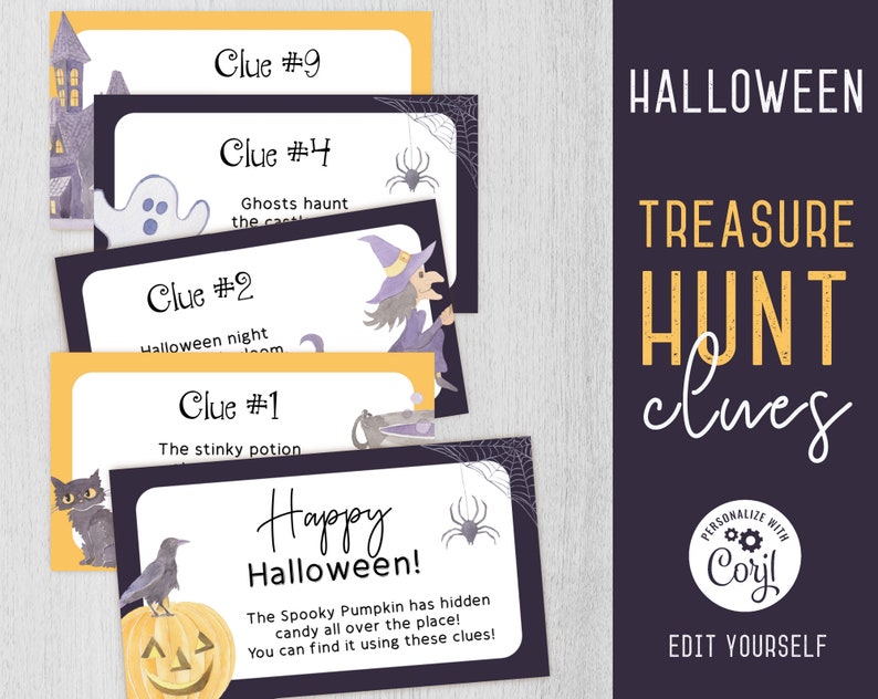 Halloween Treasure Hunt Clues, Editable Halloween Scavenger Hunt Clue Cards, Halloween Game Files, Printable Kids Treasure Hunt, Corjl image 1