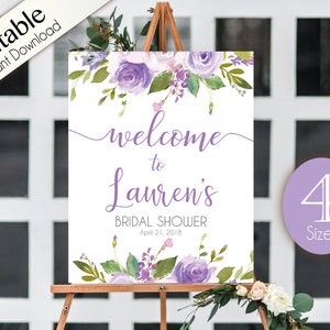 Willkommensschild Brautparty Vorlage, bearbeitbare PDF, JEDES EREIGNIS, Braut Baby Hochzeit Taufe Geburtstagsparty Zeichen, Lila Lila Blumen